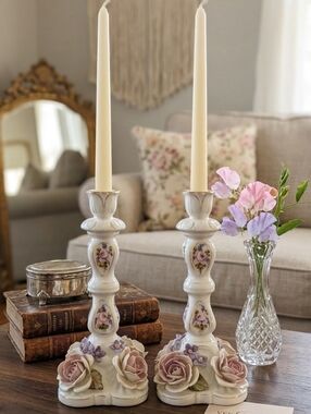 VTG Yee Jackson Floral Porcelain Candlestick Holders - Set of 2